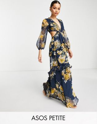 ASOS DESIGN Petite long sleeve maxi dress with open back and circle trim in floral print