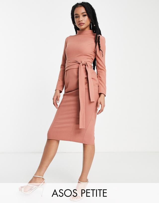 ASOS DESIGN Petite long sleeve midi dress with obi belt in terracotta