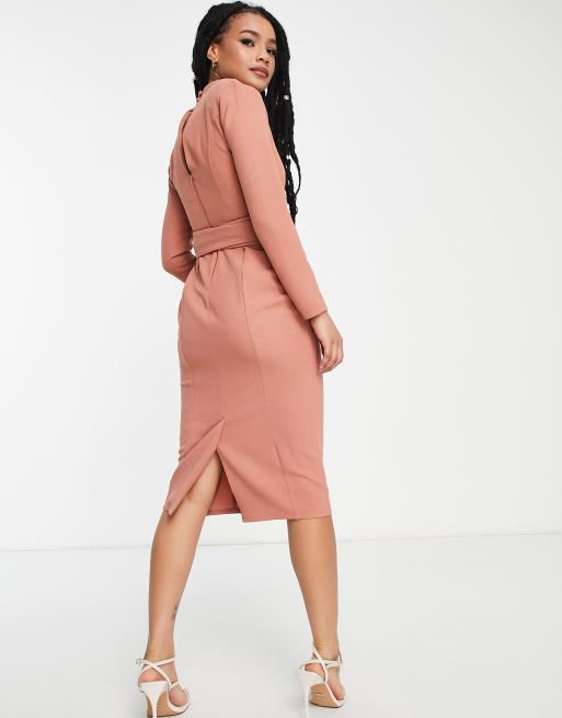 ASOS DESIGN Petite long sleeve midi dress with obi belt in