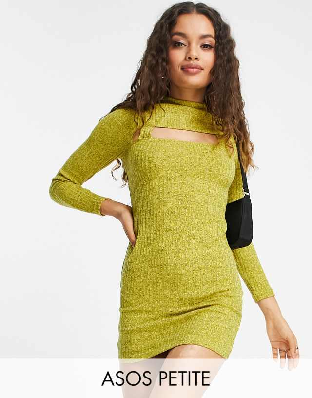 ASOS DESIGN Petite long sleeve mini dress with cut out in lime space dye