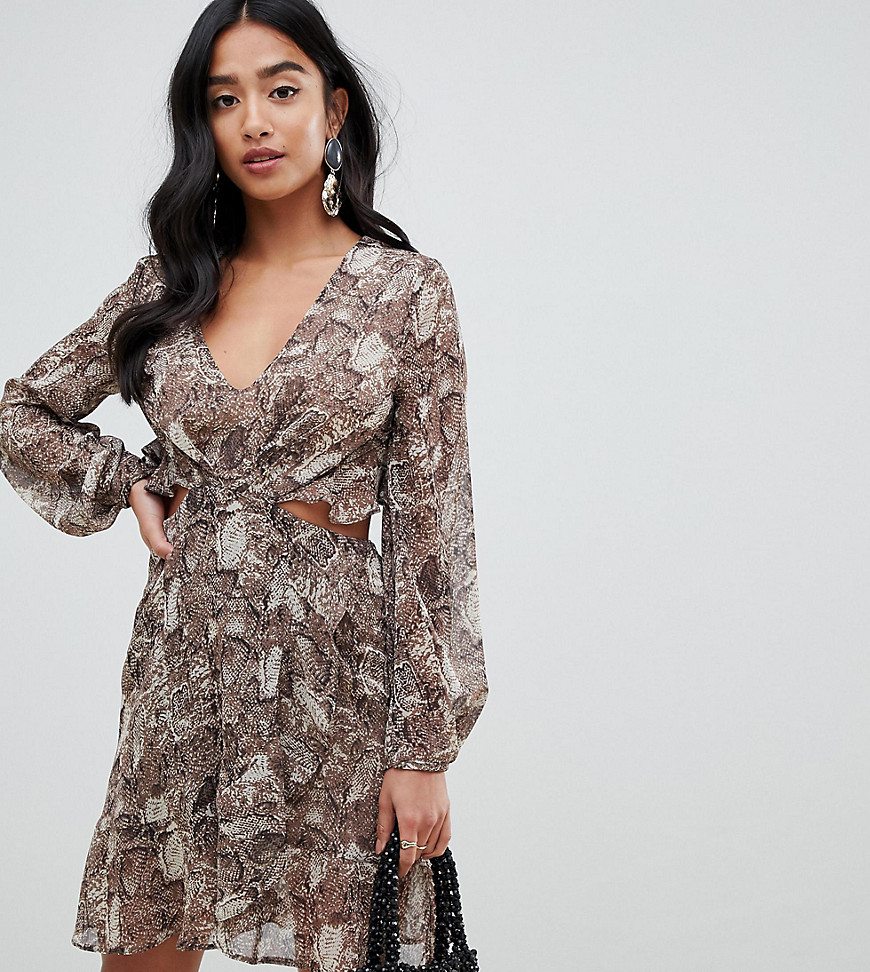 ASOS DESIGN Petite long sleeve mini dress with open back in snake print with ruffle details-Multi
