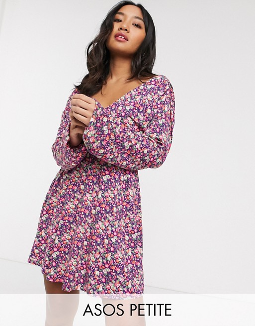 ASOS DESIGN Petite long sleeve mini dress with shirred waist in pink ditsy print