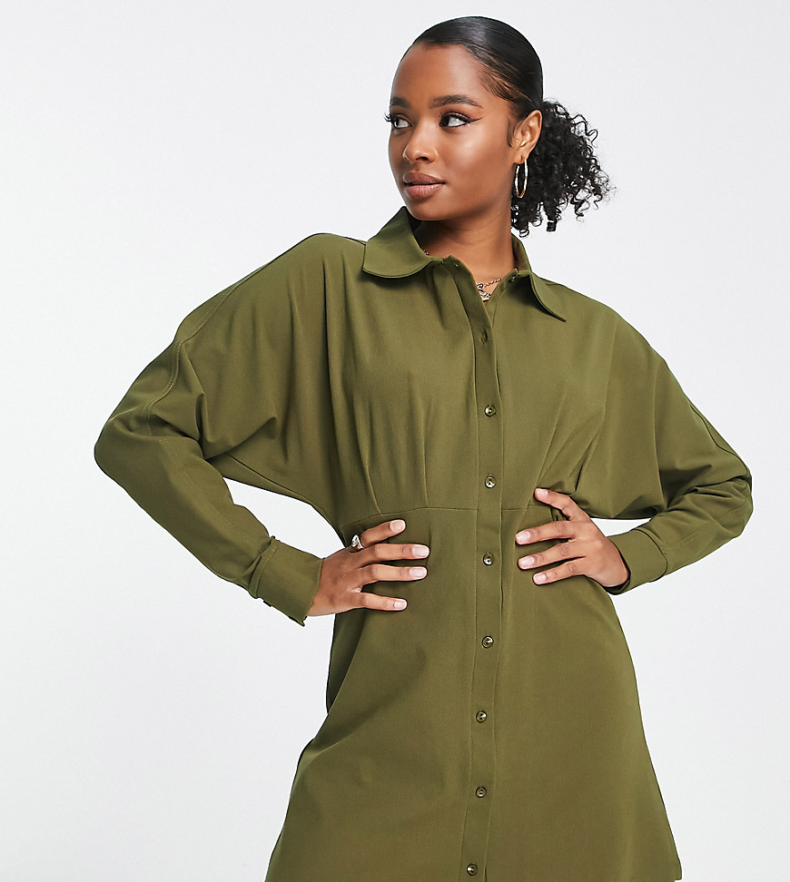 Asos Petite Asos Design Petite Long Sleeve Mini Shirt Dress With Ruching Detail In Khaki-green