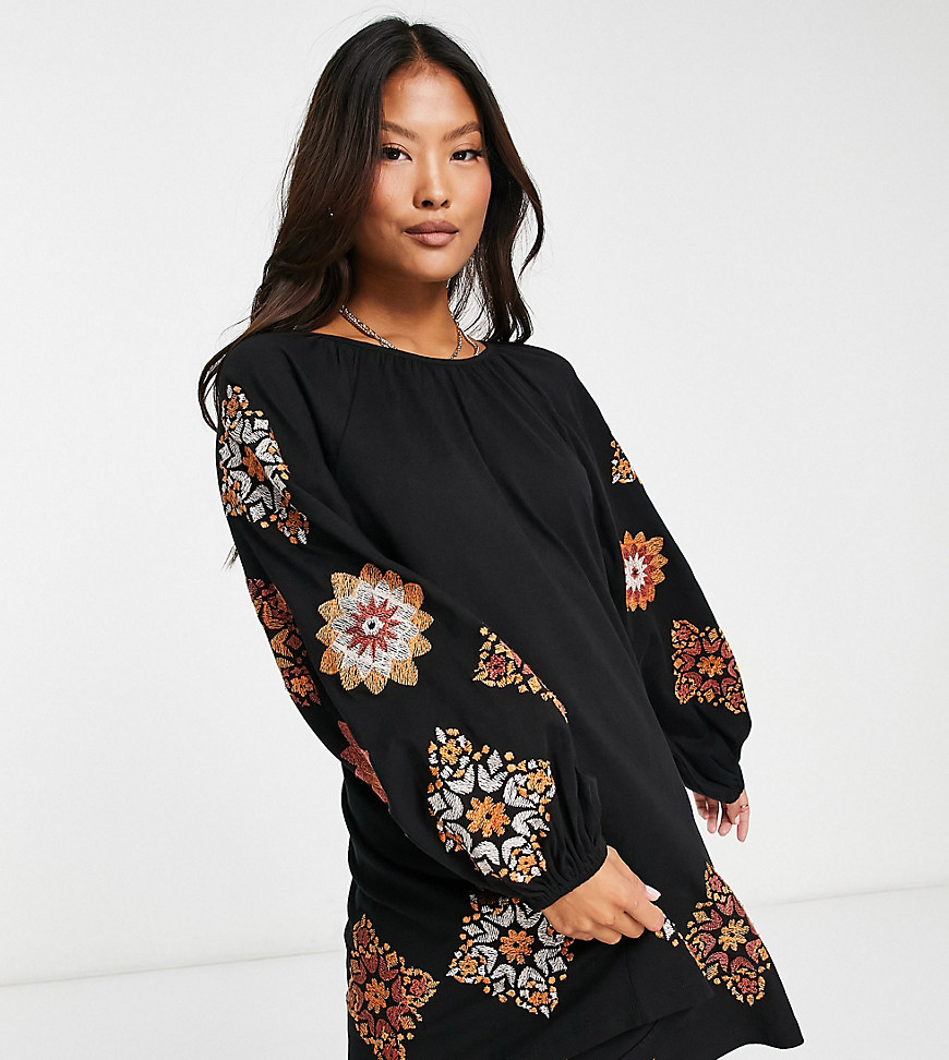 ASOS DESIGN Petite long sleeve mini smock dress with cross stitch embroidery in black