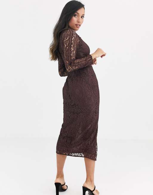 Asos design lace long outlet sleeve midi pencil dress