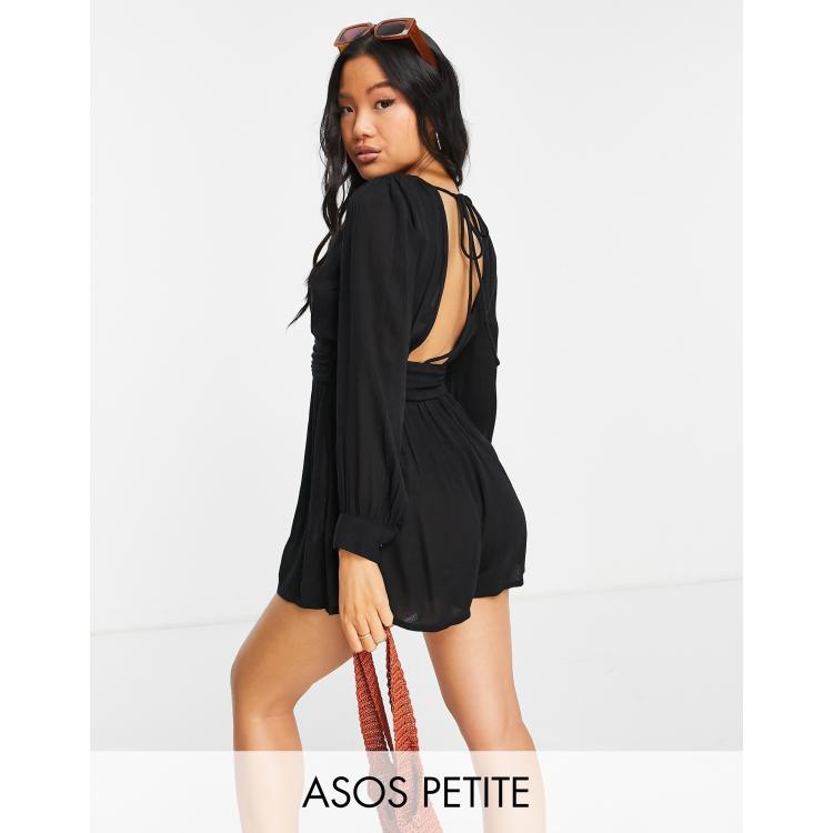 ASOS DESIGN Petite long sleeve plunge beach playsuit in black