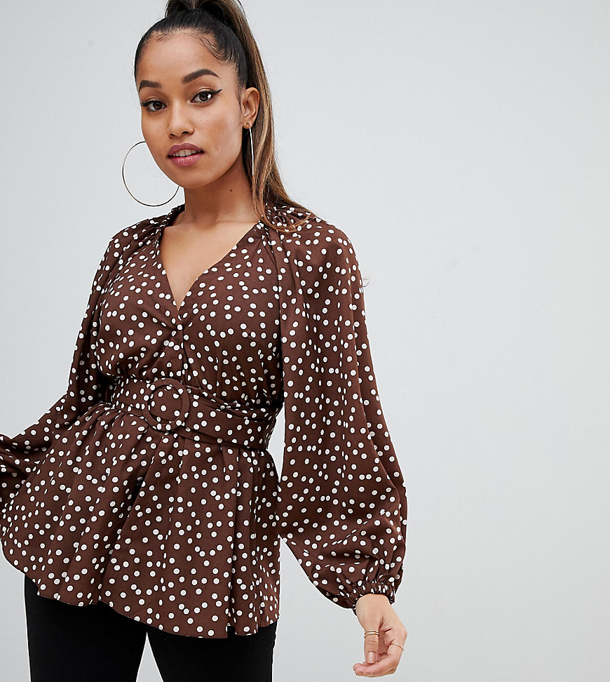ASOS DESIGN Petite long sleeve plunge top with kimono sleeve and belt in spot print-Multi