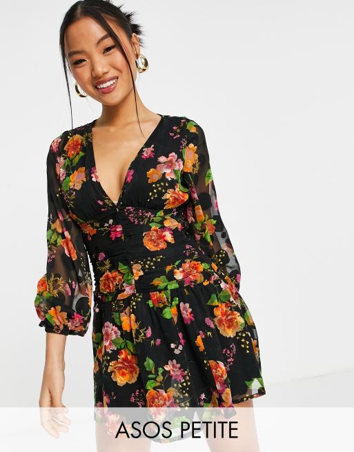 ASOS DESIGN Petite long sleeve ruched front skater mini dress in floral  print jacquard