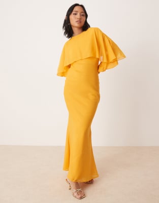 ASOS DESIGN Petite long sleeve ruffle bias maxi dress with cape detail in orange