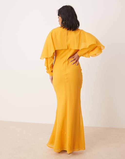 open lace back dress PRINTED DRESS WITH DETACHABLE OSTRICH FEATHER TRIM CAPE IN ORANGE | CULT  MIA main image 1