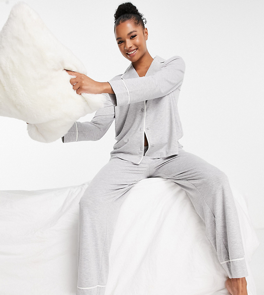 ASOS DESIGN Petite long sleeve shirt & pants pajama set with contrast piping in gray