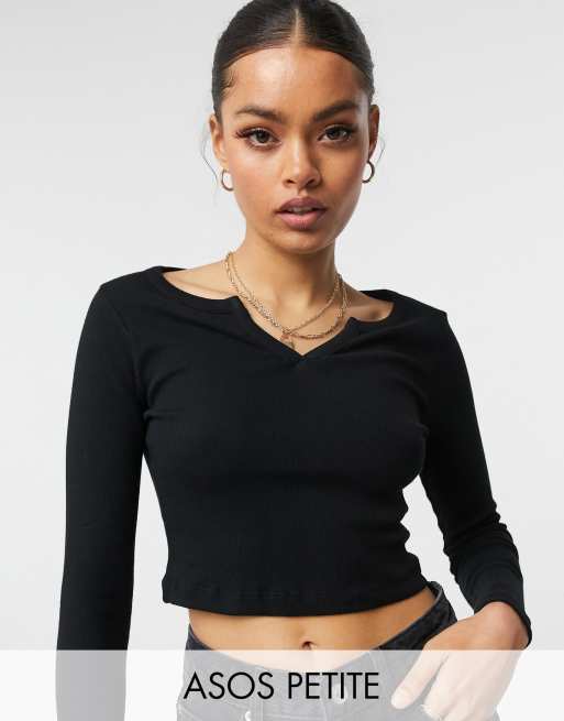 ASOS DESIGN Petite long sleeve slim fit crop top with notch neck in black