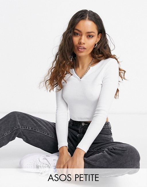 ASOS DESIGN Petite long sleeve slim fit crop top with notch neck in white