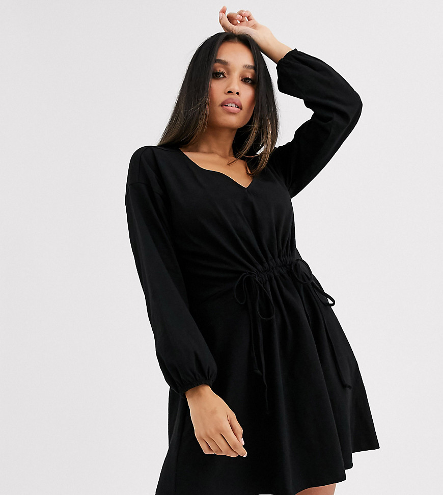 ASOS DESIGN Petite long sleeve smock dress with drawstring waist-Black
