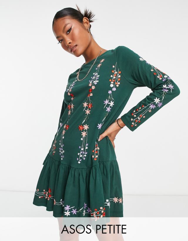 ASOS DESIGN Petite long sleeve smock dress with pep hem with floral embroidery in bottle green