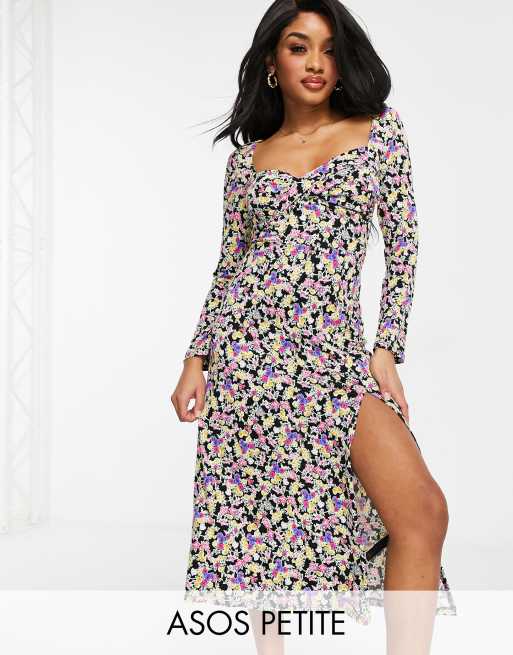 ASOS DESIGN Petite long sleeve split front midi dress in purple ditsy floral