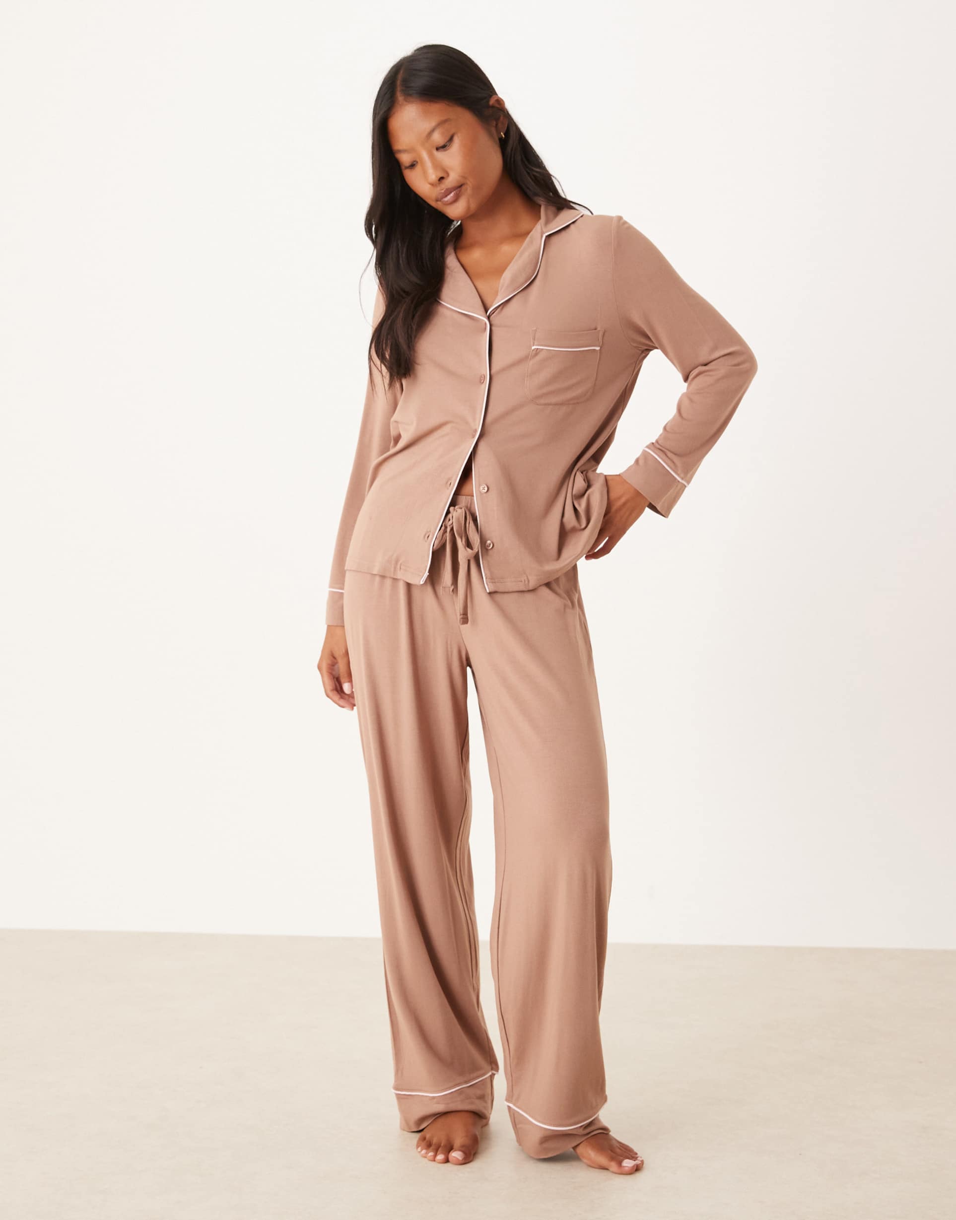 asos design petite long sleeve super soft pajama set in brown