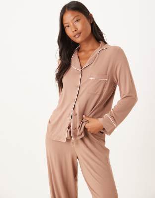 Asos Petite Asos Design Petite Long Sleeve Super Soft Pajama Set In Brown