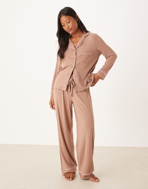 ASOS DESIGN Petite long sleeve super soft pyjama set in brown - view 1