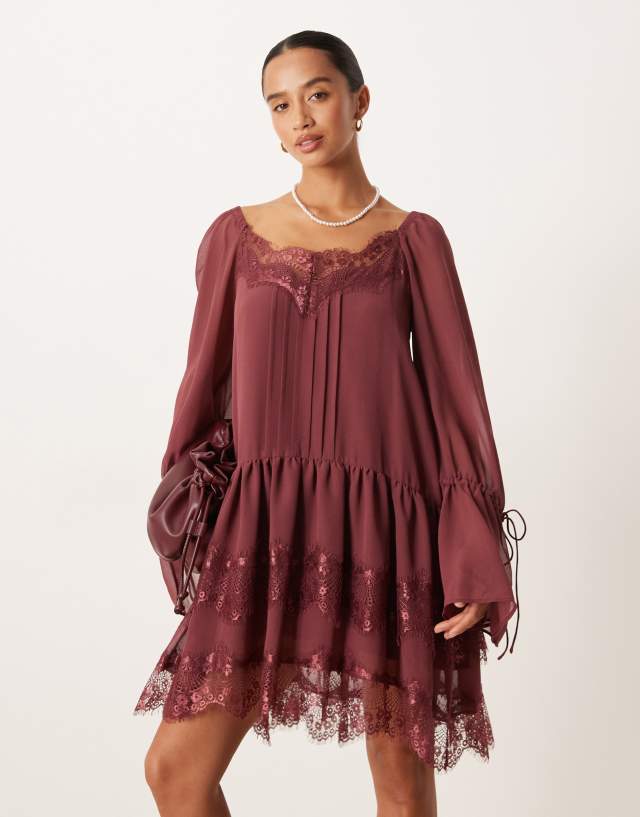 ASOS DESIGN Petite long sleeve sweetheart neckline mini dress in burgundy