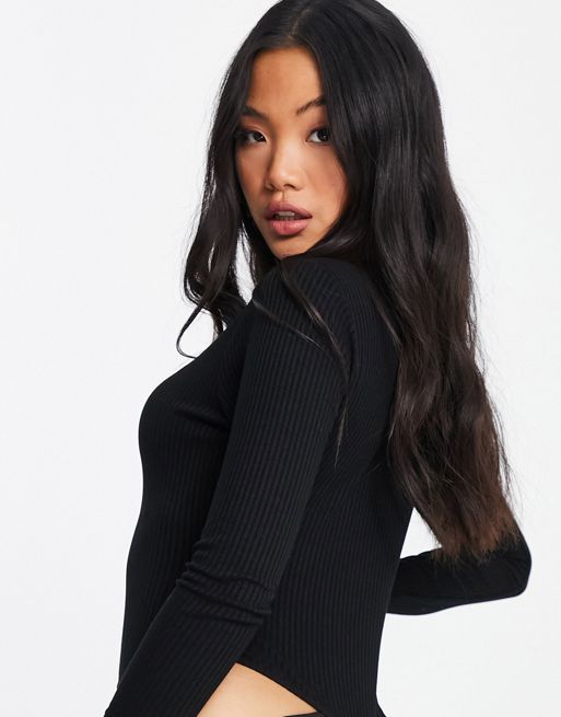 Petite Black Ribbed Long Sleeve Bodysuit