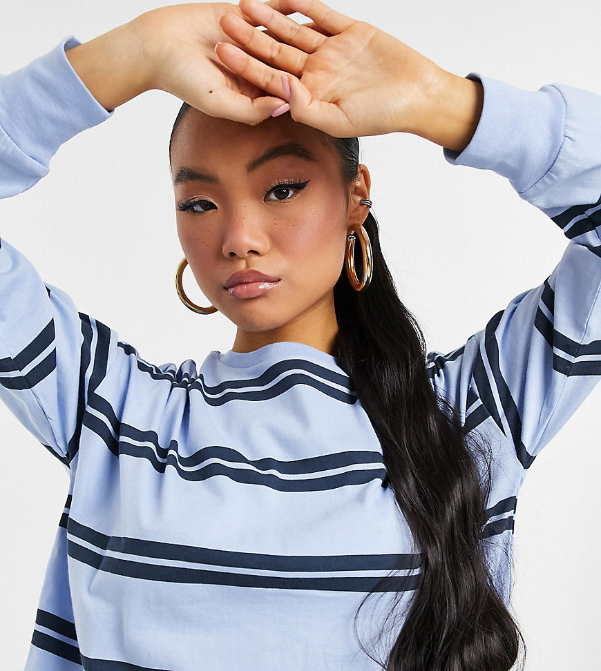 ASOS DESIGN Petite long sleeve t-shirt with cuff and double stripe in blue-Multi
