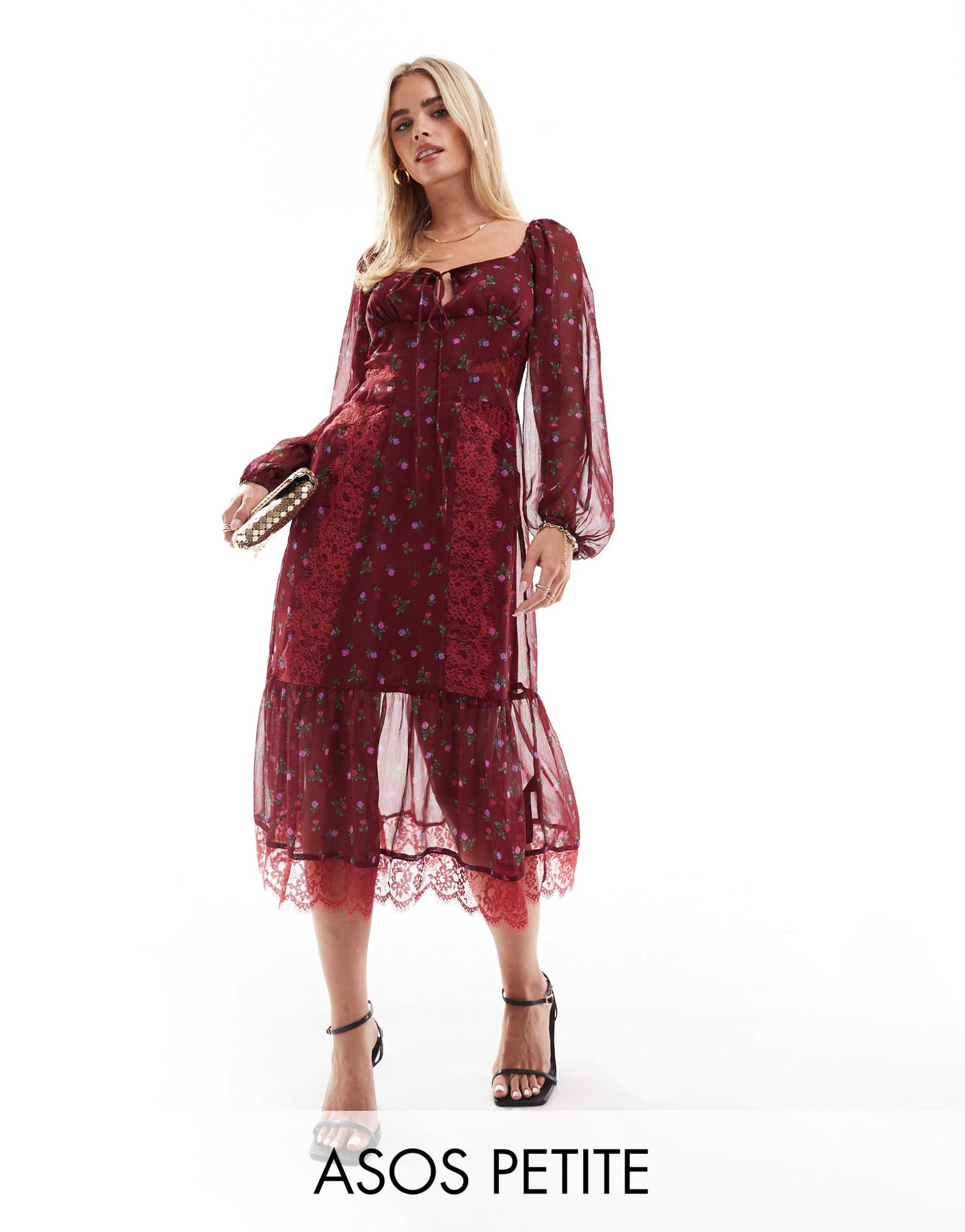 asos design petite long sleeve tie front midi dress with lace inserts in burgundy ditsy floral