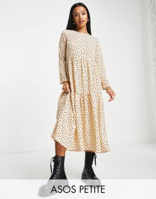 ASOS Petite ASOS DESIGN Petite long sleeve tiered smock midi dress in beige spot print-Multi