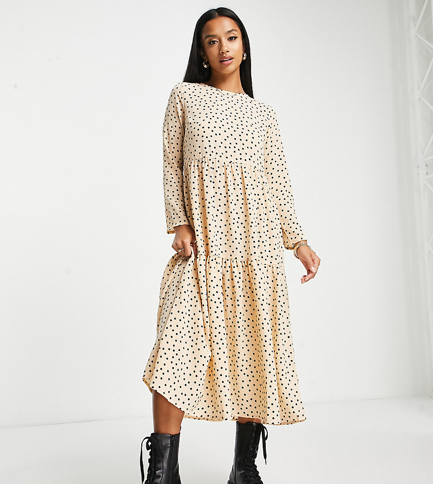 Asos Petite Asos Design Petite Long Sleeve Tiered Smock Midi Dress In Beige Spot Print-multi