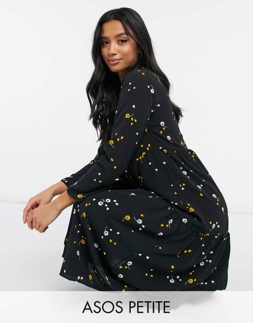 ASOS DESIGN Petite long sleeve tiered smock midi dress in black