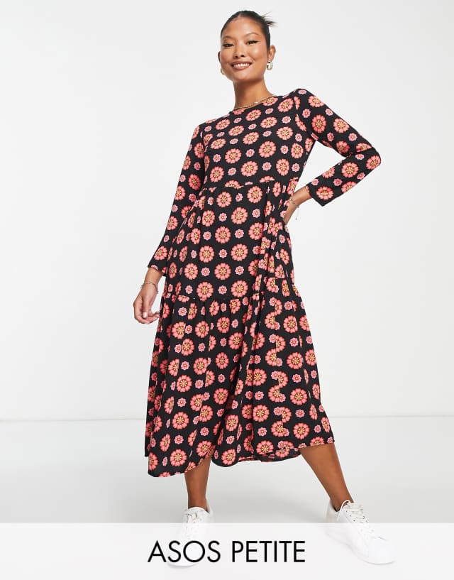 ASOS DESIGN Petite long sleeve tiered smock midi dress in black tile floral print