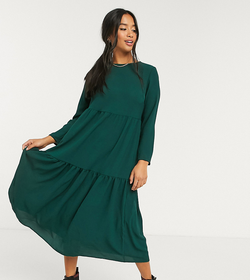Asos Petite - Asos design petite long sleeve tiered smock midi dress in green