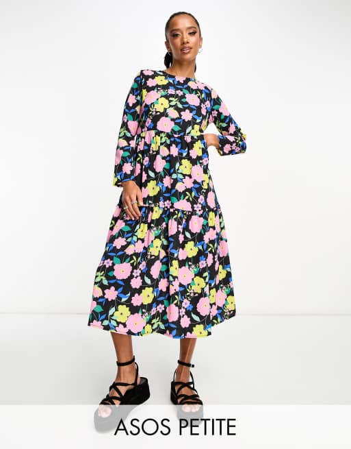 ASOS DESIGN Petite long sleeve tiered smock midi dress in large black floral print