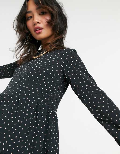 ASOS DESIGN Petite long sleeve tiered smock mini dress in black/ nude dots, 3 of 4