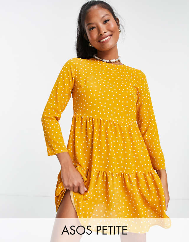 ASOS DESIGN Petite long sleeve tiered smock mini dress in mustard spot