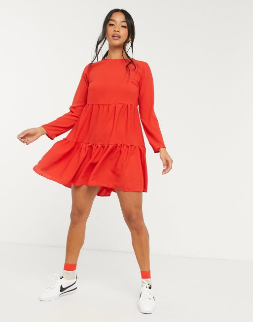 ASOS DESIGN Petite long sleeve tiered smock mini dress in red