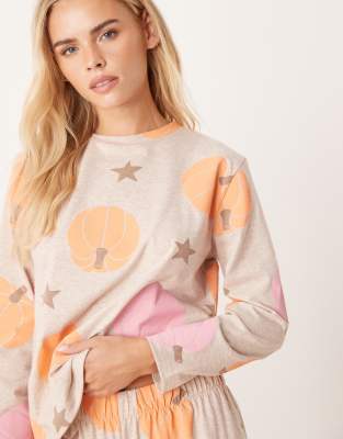 Asos Petite Asos Design Petite Long Sleeve Top & Pants Pajama Set In Neutral