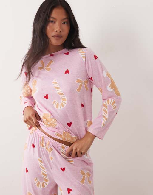 ASOS DESIGN Petite long sleeve top & wide leg pant pyjama set with Christmas cookie graphic , 2 of 4