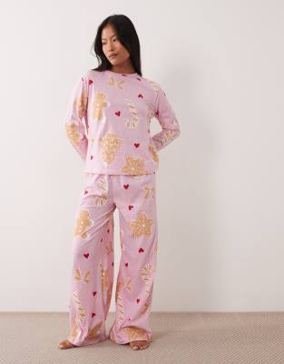 Asos Petite Asos Design Petite Long Sleeve Top & Wide Leg Trouser Pyjama Set With Sweets Graphic-pink