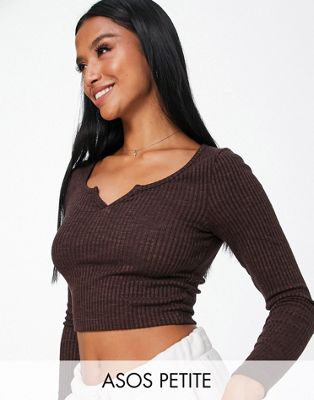 ASOS DESIGN Petite long sleeve top with notch neck in rib in brown heather