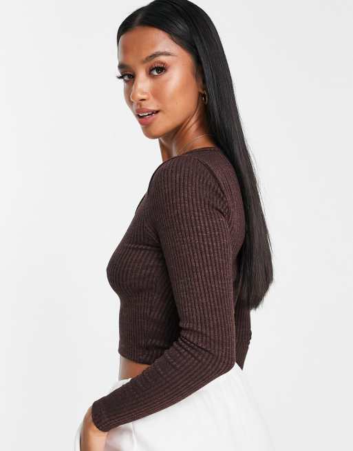 ASOS DESIGN long sleeve top with notch neck in rib in pink marl