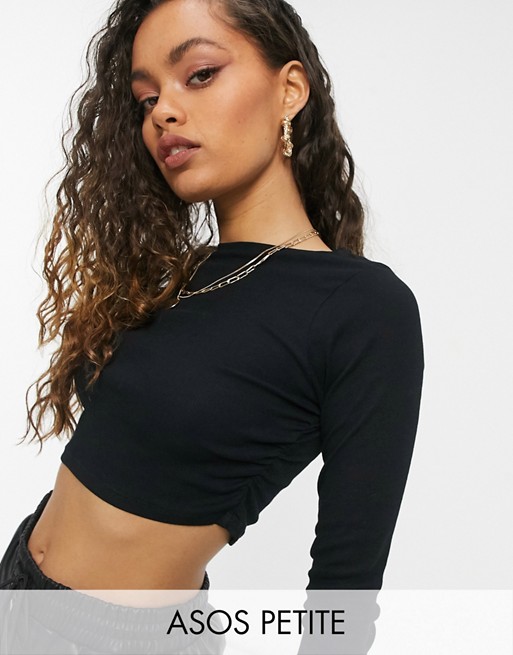 ASOS DESIGN Petite long sleeve fitted crop top with ruched sides in black