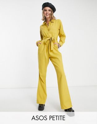 ASOS DESIGN Petite long sleeve twill boilersuit with collar in mustard-Green