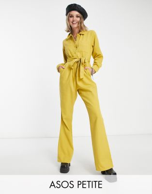 ASOS DESIGN Petite long sleeve twill boilersuit with collar in mustard-Green