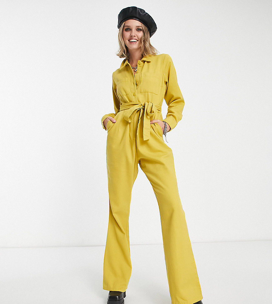 ASOS DESIGN Petite long sleeve twill boilersuit with collar in mustard-Green