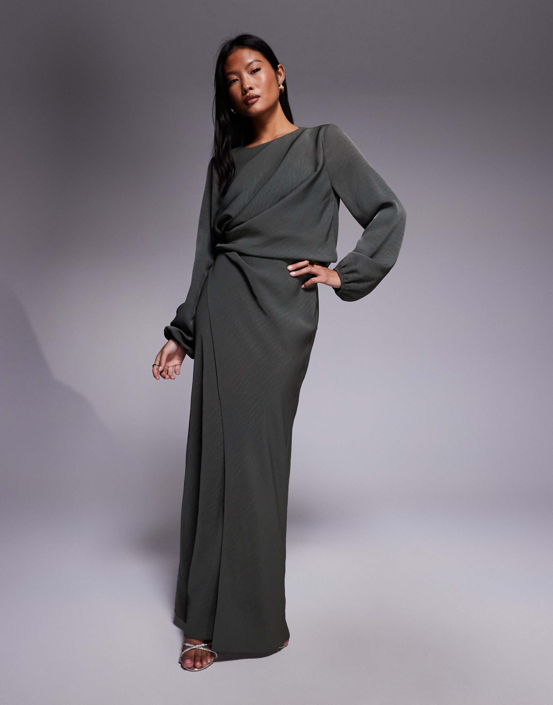 asos design petite long sleeve twist waist detail maxi dress with open back in khaki