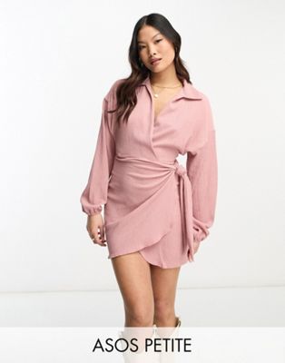 ASOS DESIGN Petite long sleeve v neck wrap mini dress in pink - ASOS Price Checker