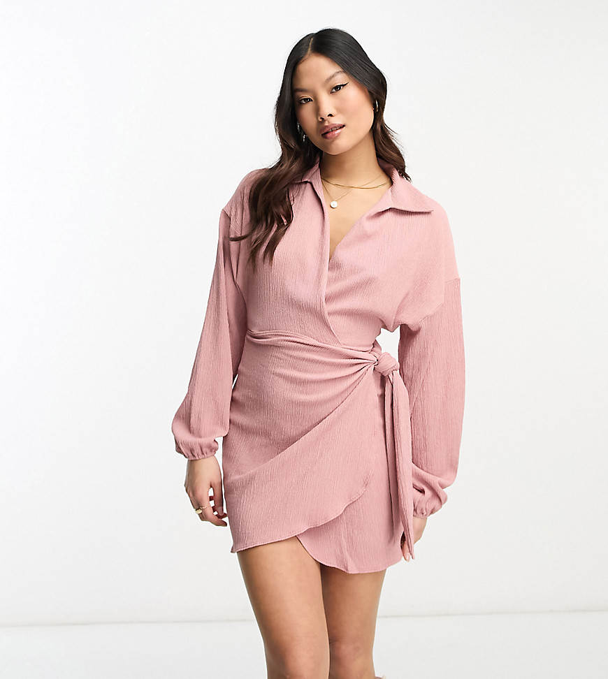 Asos Petite Asos Design Petite Long Sleeve V Neck Wrap Mini Dress In Pink