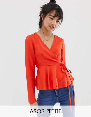 ASOS DESIGN Petite long sleeve wrap top in linen with pephem-Red