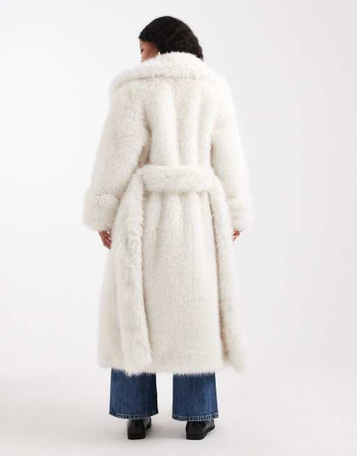 ASOS DESIGN Petite longline belted faux fur coat in cream